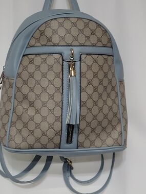 Patterned Mini Backpack in Light Blue Trim